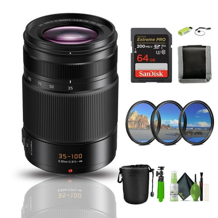 Panasonic Leica DG Vario-Elmarit 35-100mm F/2.8 POWER O.I.S. Lens Bundle with Lens Pouch   Cleaning kit   Extreme PRO 64GB Memory Card   Filter Kit, 58mm and More Accessories