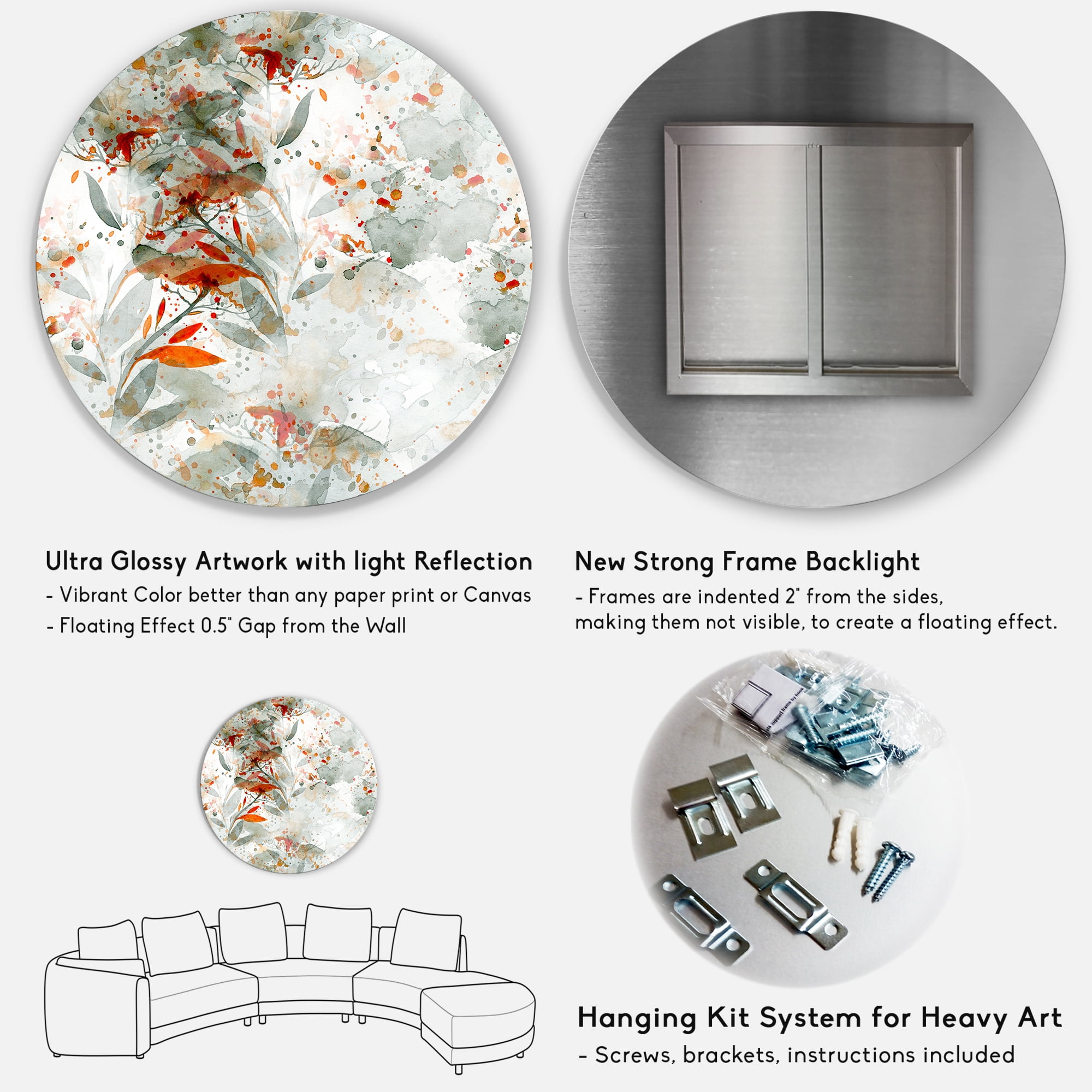 Designart 'Orange and Green Wildflowers II' Modern Circle Metal Wall Art 36x36 - Disc of 36