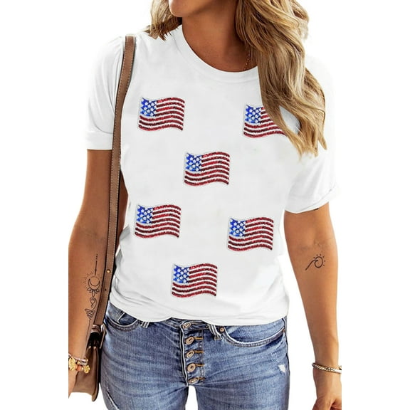 Women's White Sequin American Flag Patched Casual T-Shirt - Eye-Catching Summer Tee | [ZhiHiMeRi] | (US 20-22)2XL