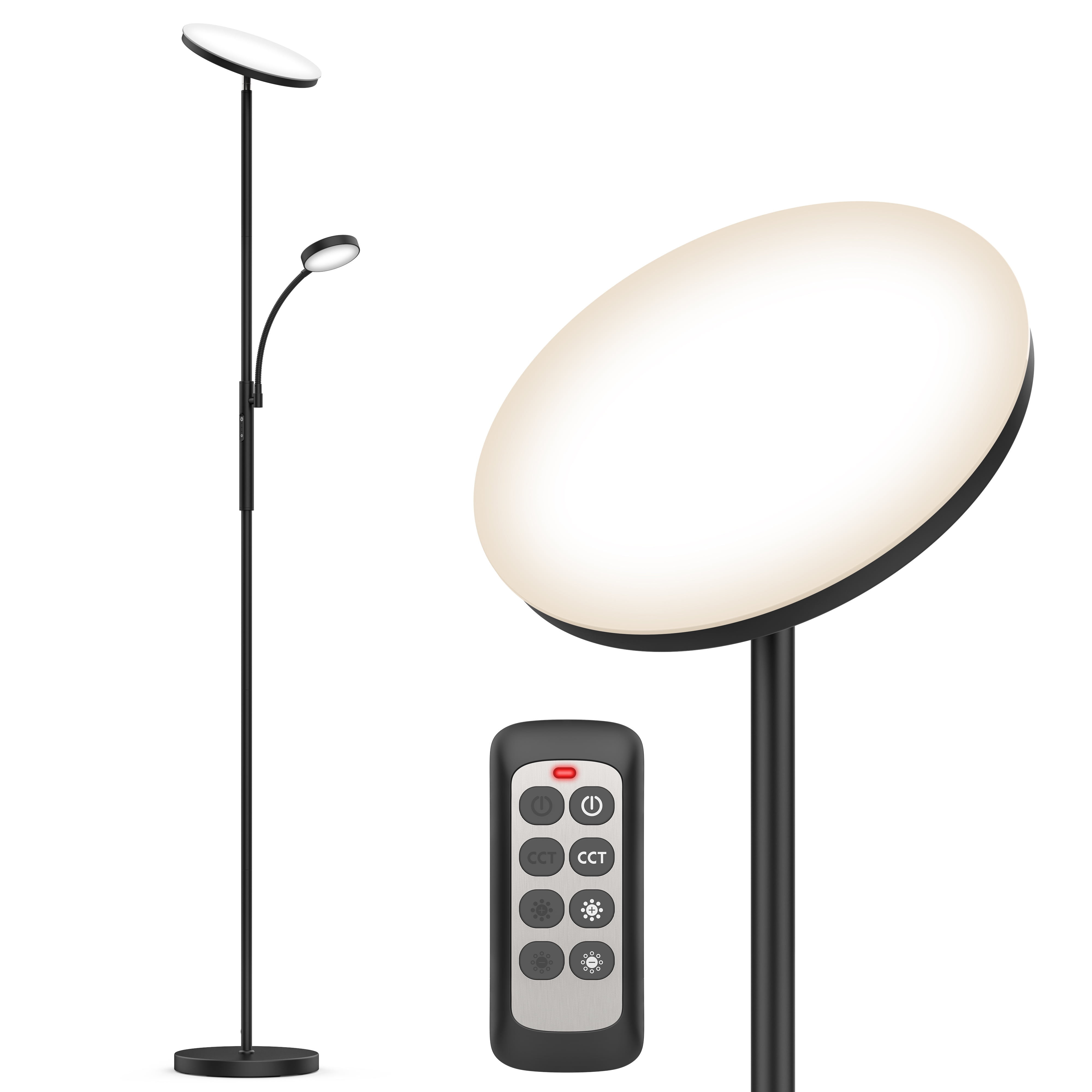 LED Floor Lamp for Bright Living Room Lighting, Dual-Head 27W/2000LM Main & 7W/350LM Side Reading Lamp, 3 Adjustable Colors with Remote & Touch Control