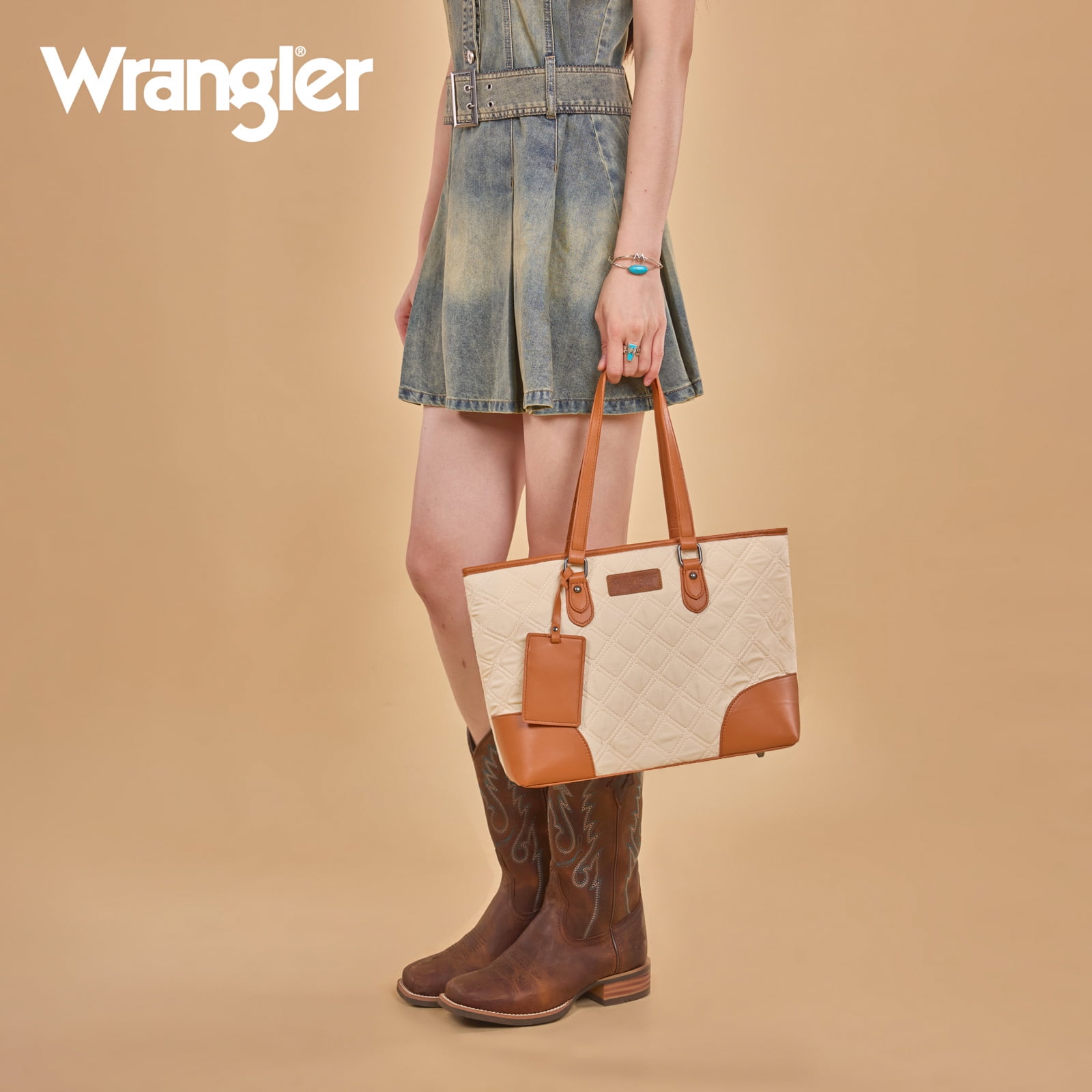Wrangler Puffer Tote Bags for Women Medium Quilted Shoulder Bag for Work School Lifestyle Purse, Beige