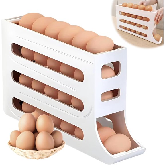 30 Eggs Egg Holder for Fridge - Auto Rolling Fridge Egg Organizer, Space-Saving Egg Dispenser Holder, 4 Tiers Fridge Egg Rack Large Capacity Egg Dispenser for Refrigerator (grey)