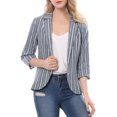 thumbnail image 2 of MODA NOVA Juniors Striped 3/4 Sleeves Open Front Blazer Blue L, 2 of 5