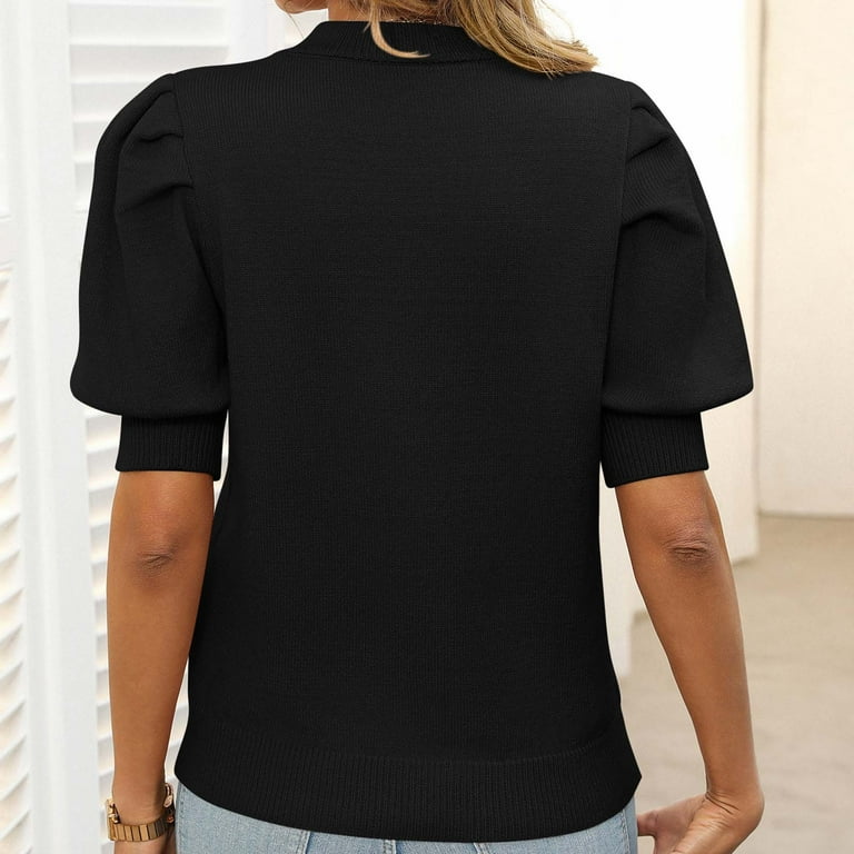 Women Puff Short Sleeve Sweater Tops Trendy Crewneck Shirt Summer