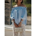 thumbnail image 3 of Niusricy Women Solid Basic Ruffled Blouse Ladies Elegant Off-Shoulder Boat Neck Shirts Half Puffy Sleeves Tunic Tee Loose Flowy Fit Tops Fashion Casua Streetwear for Shopping Holiday Leisure, 3 of 8