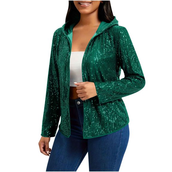 Women's Long Sleeve Sequin Jackets with Hoodie Open Front Sequin Cardigan Sweaters Blazer