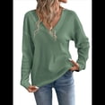 thumbnail image 3 of Blusas de Punto Gofre para Mujer, Blusas Casuales de Larga con Farol, Cuello en V, Camisetas Oversize. Verde L, 3 of 8