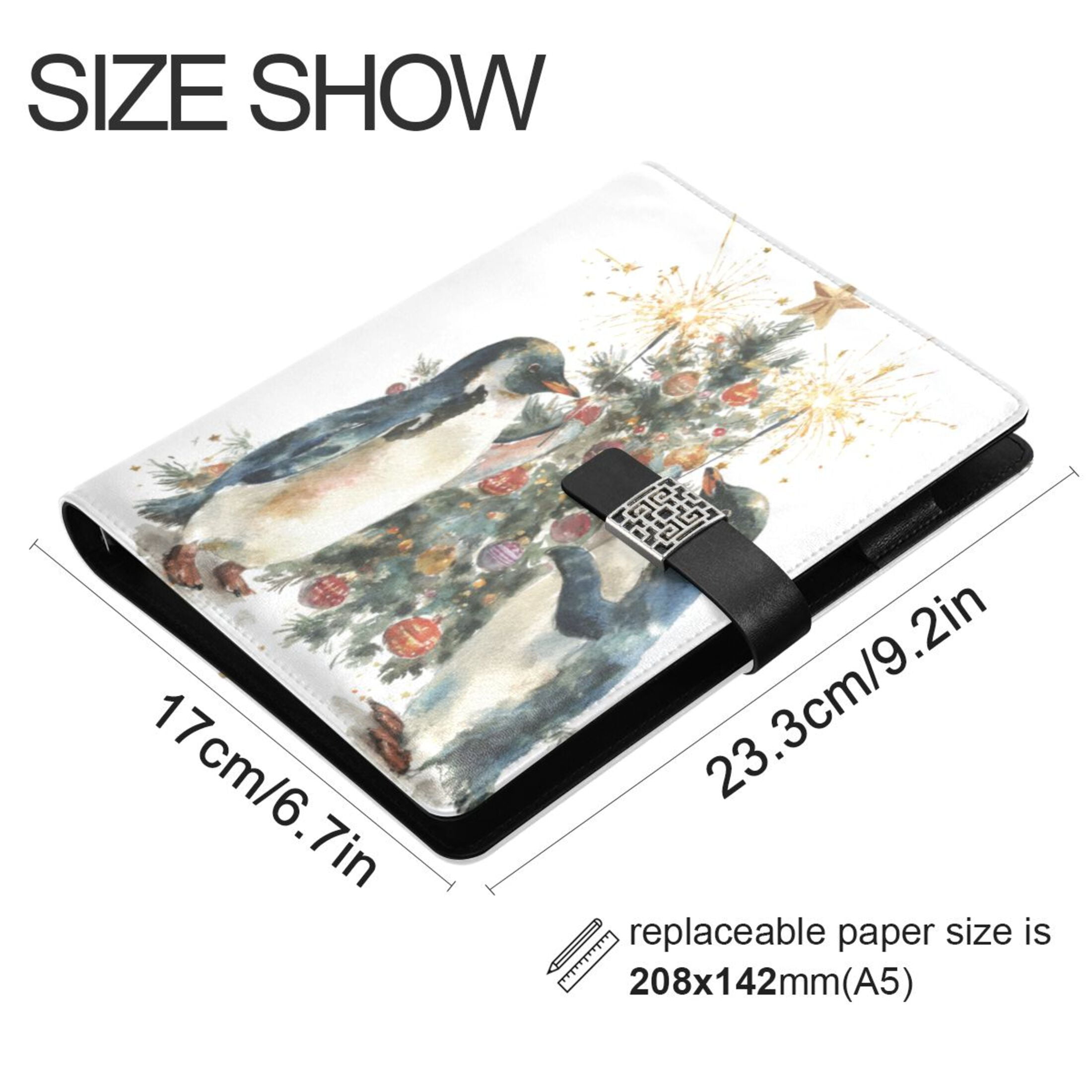 Leather Planner Leather Notebook Notebook Journal Binder Design Pen Pocket Design Convenient for Storage Two Christmas Penguins
