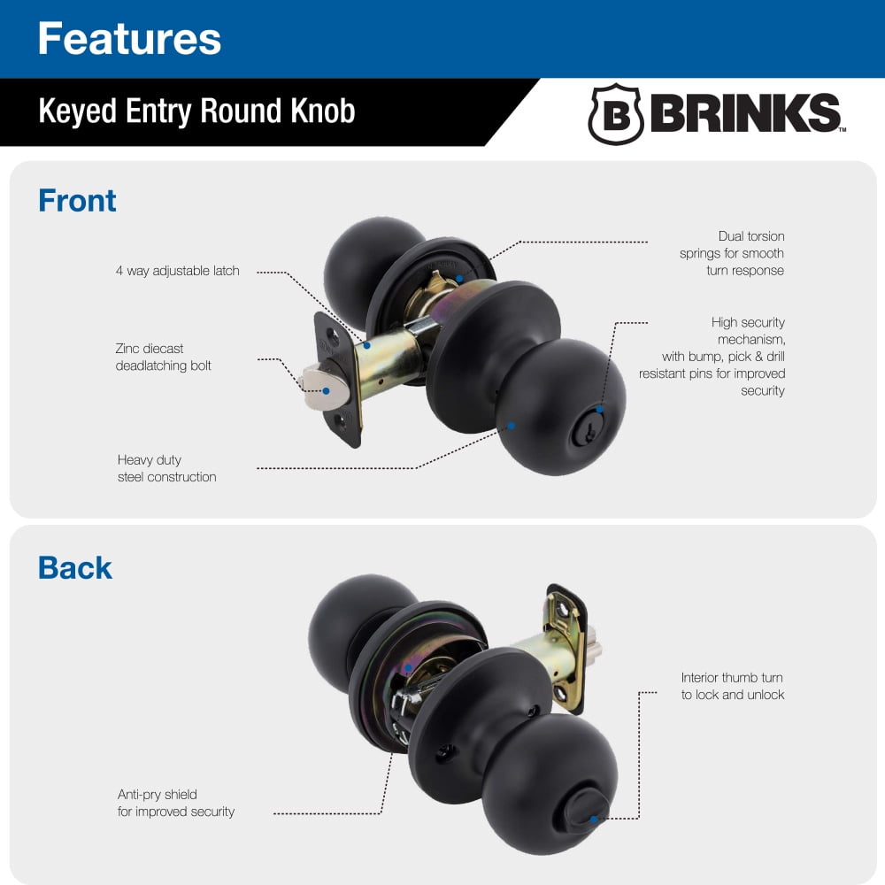 (2 pack) Brinks Keyed Entry Classic Ball Style Doorknob, Matte Black Finish