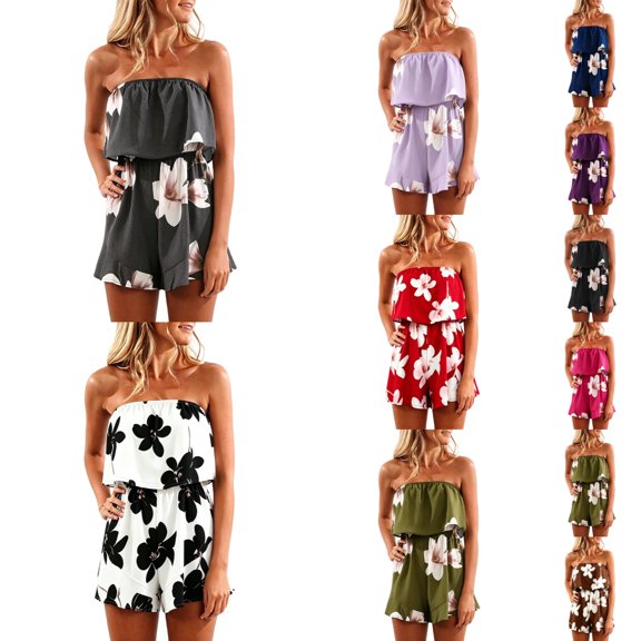 Shadoumai Women's Rompers Summer Strapless Floral Print Off Shoulder Boho Flowy Ruffle Hem Shorts Jumpsuit with Pocket