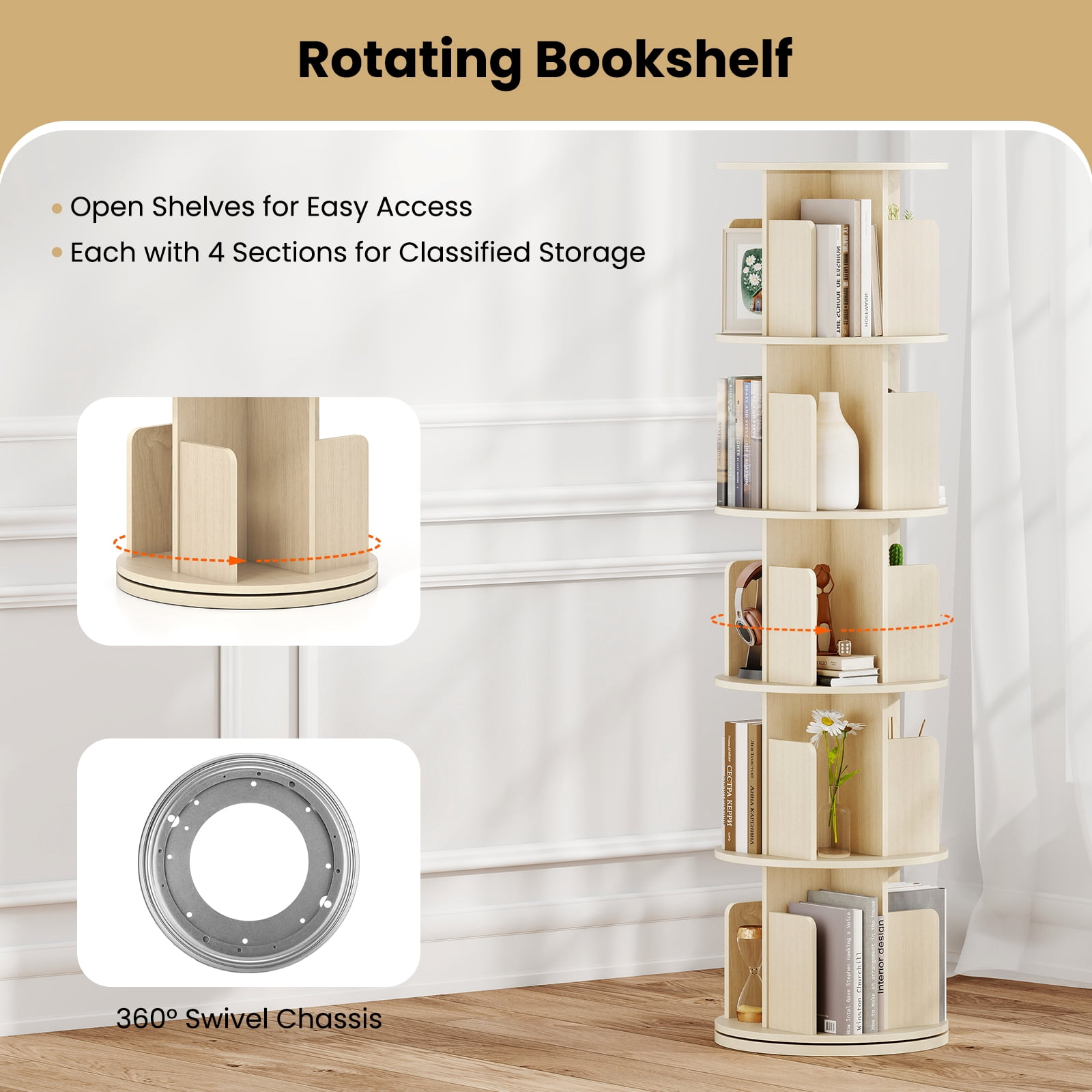 Costway 1 PCS 5-Tier Rotating Bookshelf 360° Display Rack with Dividers & Anti-falling Baffles Natural