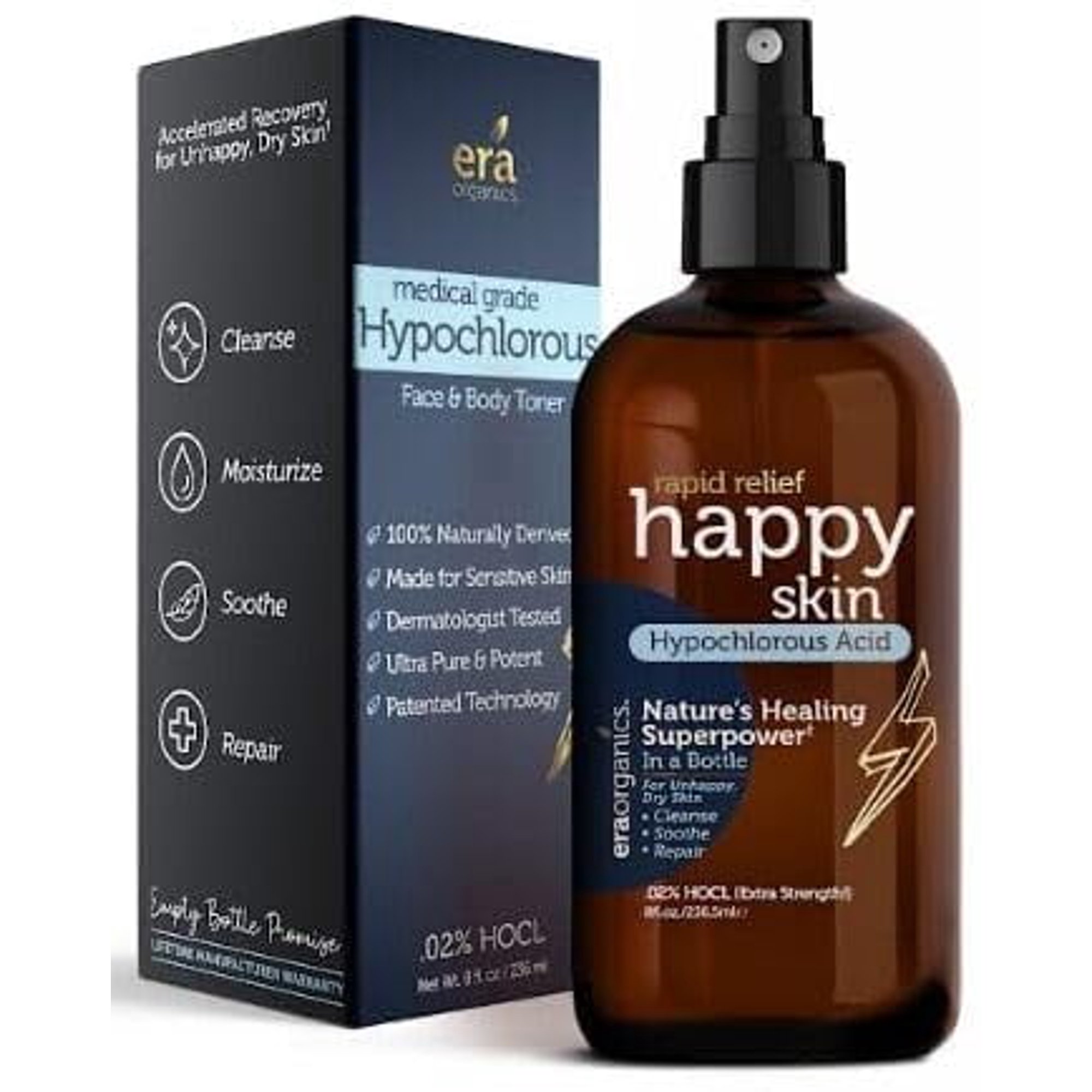 Hypochlorous Acid Spray for Face and Body - Happy Skin .02% Natural Toner - Extra Strength Face Mist – Hydrates Dry & Sensitive Skin – pH -Balanced, 8oz