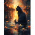 thumbnail image 1 of Qisvanset 12x16 Inch 2D Flat Framed Canvas Art, Black Cat Water Lily Pond Surreal Mystical Cat Lover Home Wall Decor, 1 of 5