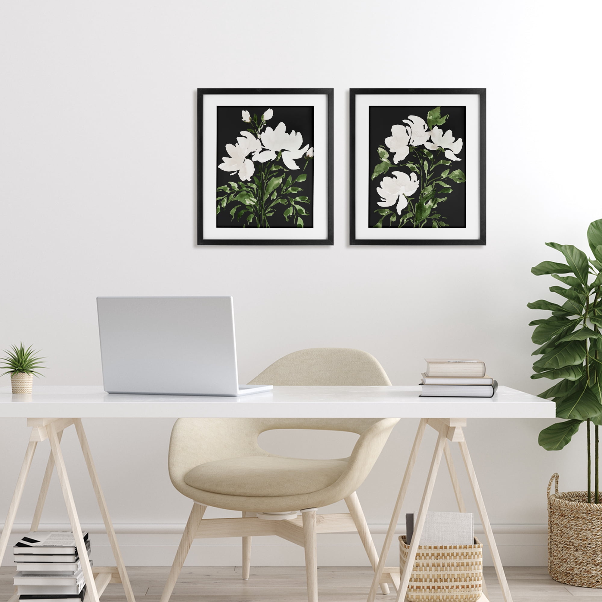 Stupell Industries White On Black Blooms 2 Piece Black Framed Print Under Glass Set, design by Lucille Price