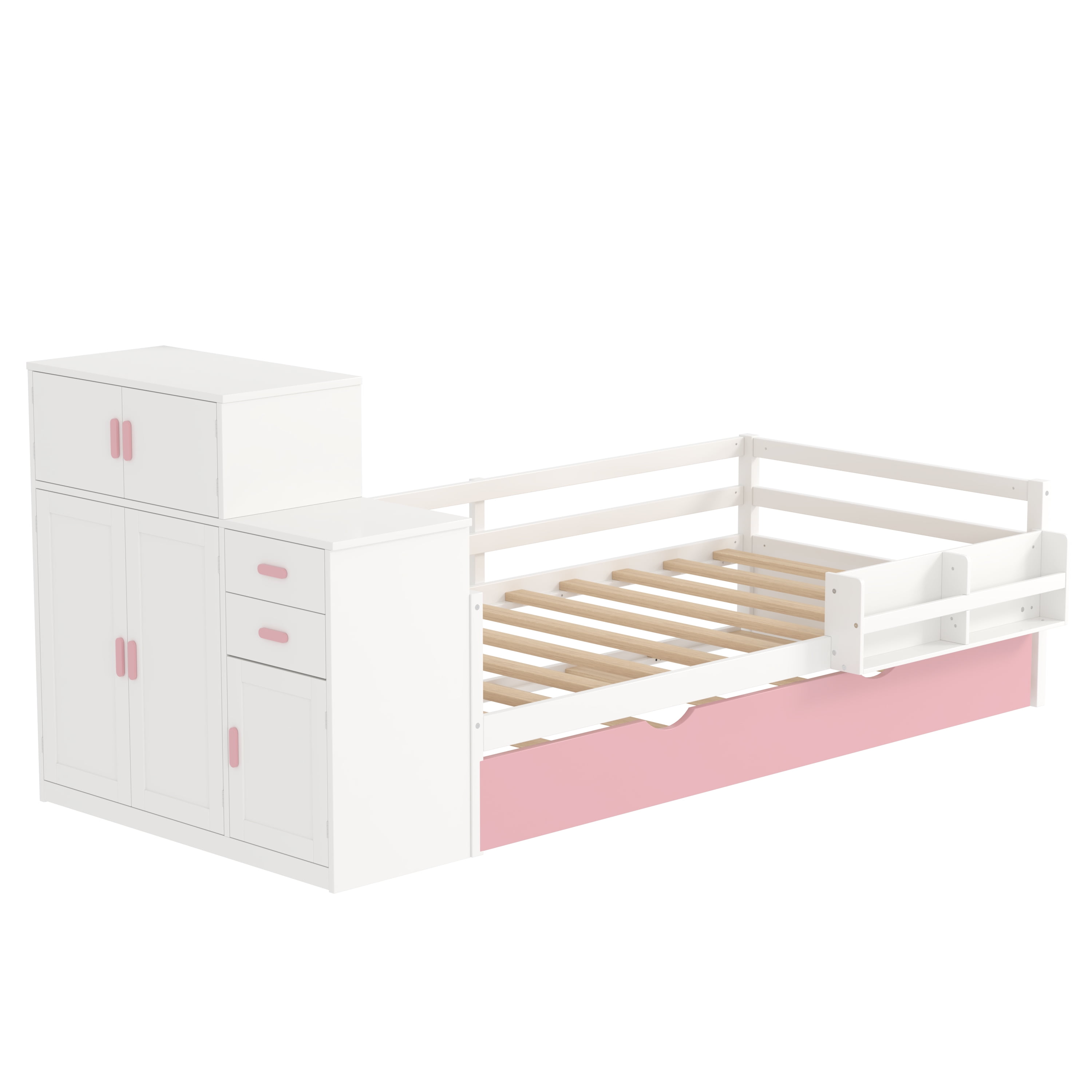 Gewnee Modern Twin Size Wood Platform Bed with Bookshelf and Movable Wardrob Bed Frame