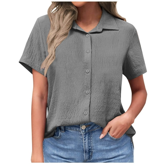 Tumotour Cotton And Linen For Womens Short Sleeve Button Down Shirts Summer Casual Collared V Neck Blouse Linen Loose Work Tops