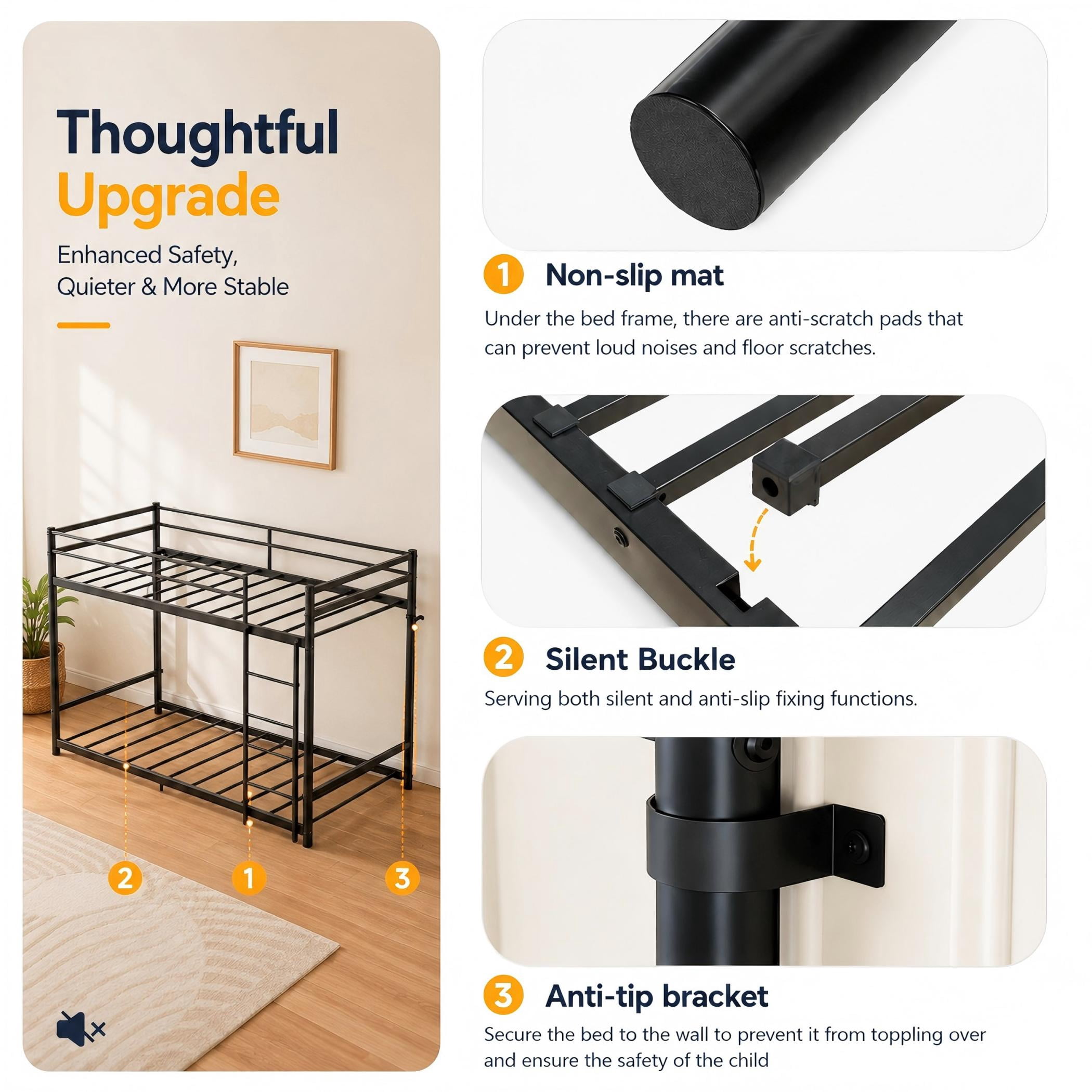 Aukfa Twin over Twin Metal Bunk Bed with Full-Length Guardrails for Kids and Teens, Quiet Design, Black