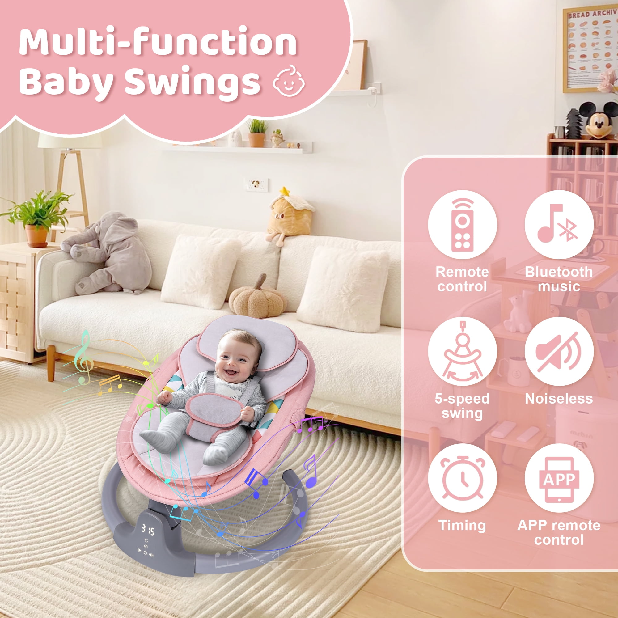 Baby Swing,HDJ Baby Swing for Infants,Portable Electric Baby Rocker with 5 Sway Speed,10 Preset Songs,Remote Control,Bluetooth Music,Pink