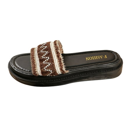 OJSFQUFP Sandals Womens Ladies Fashion Ethnic Style Woven Print Open Toe Flat Bottom Beach Sandals Soft Sole Outdoor Beach Shoes Cozy Slippers Coffee 38