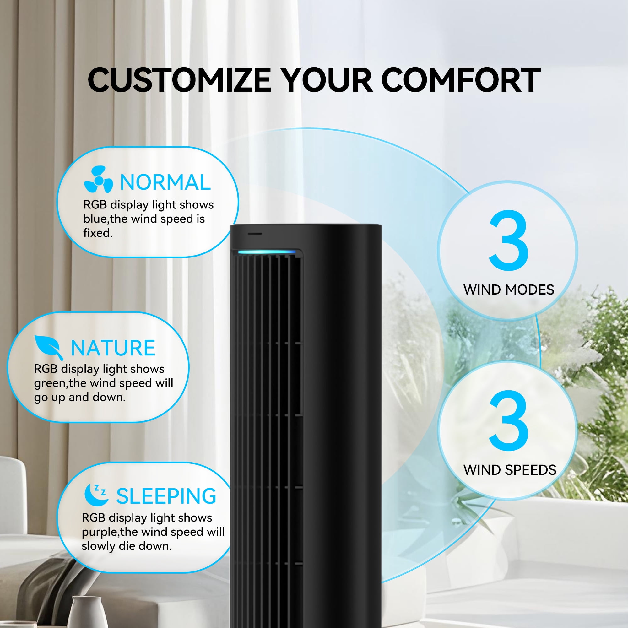 Kcpolre 40Inch Tower Fan For Bedroom, 80 ° Oscillating Fan With Bladeless Design, Silent Cooling Technology With Remote Control Led, 4 Speeds Multi-Functional Modes, 7h Timer, Large Air Outlet