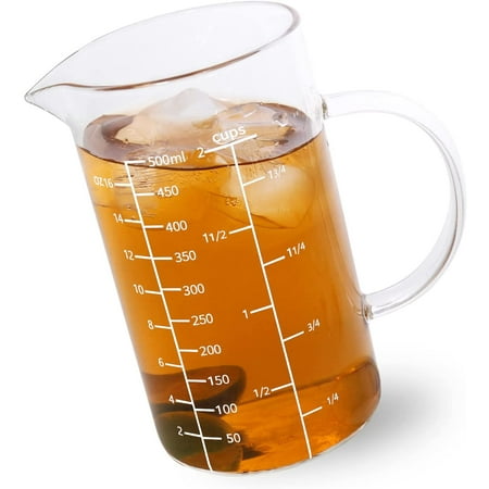 

Newness Glass Measuring Cup with Handle 500 ML (0.5 Liter 2 Cup) Measuring Cup with Three Scales (OZ Cup ML/CC) and V-Shaped Spout Measuring Beaker for Kitchen or Restaurant Easy to Read