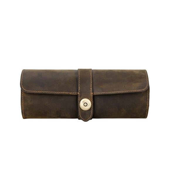 Sonducket Bolsa de reloj con 3 ranuras, caja de almacenamiento de rollo de cuero genuino con pantalla a la moda, soporte para bolsa, regalos de Relojes Café