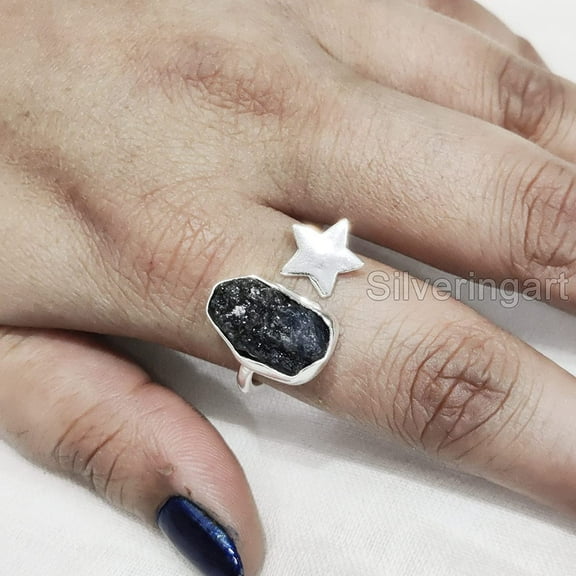 Blue Sapphire Ring, Rough Blue Sapphire Ring, September Birthstone, Star Adjustable Ring, 925 Sterling Silver, Womens Ring, Christmas, Thanksgiving, Handmade, Statement Jewelry, Rough Gemstone Jewelry