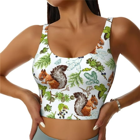 Adobk Mosaic Forest Squirrel Print Sports Bras for Women Longline Workout Crop Tank Tops Padded with Built in Shelf Padded Sports Bra-X-Large