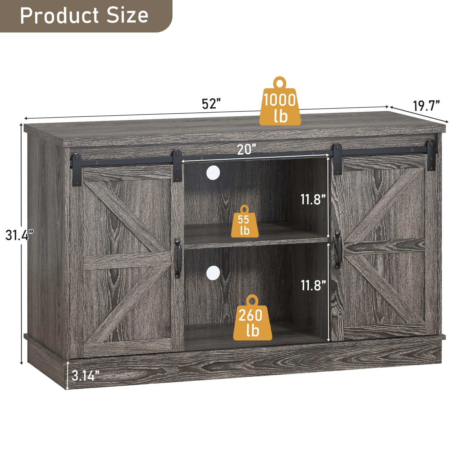 Blotout Farmhouse 55-75 Gallon Fish Tank Stand with Power Outlet, 52"Aquarium Stand with Storage/Sliding Barn Door, Heavy Duty Tank Stand for 2 Fish Tank/Reptile Terrarium, 1000lbs Capacity,Gray