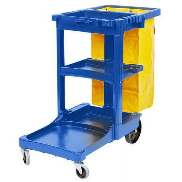 Rubbermaid Blue 3 Shelf Janitor Cart with Vinyl Zippered Bag - Efficient Cleaning and Organization
