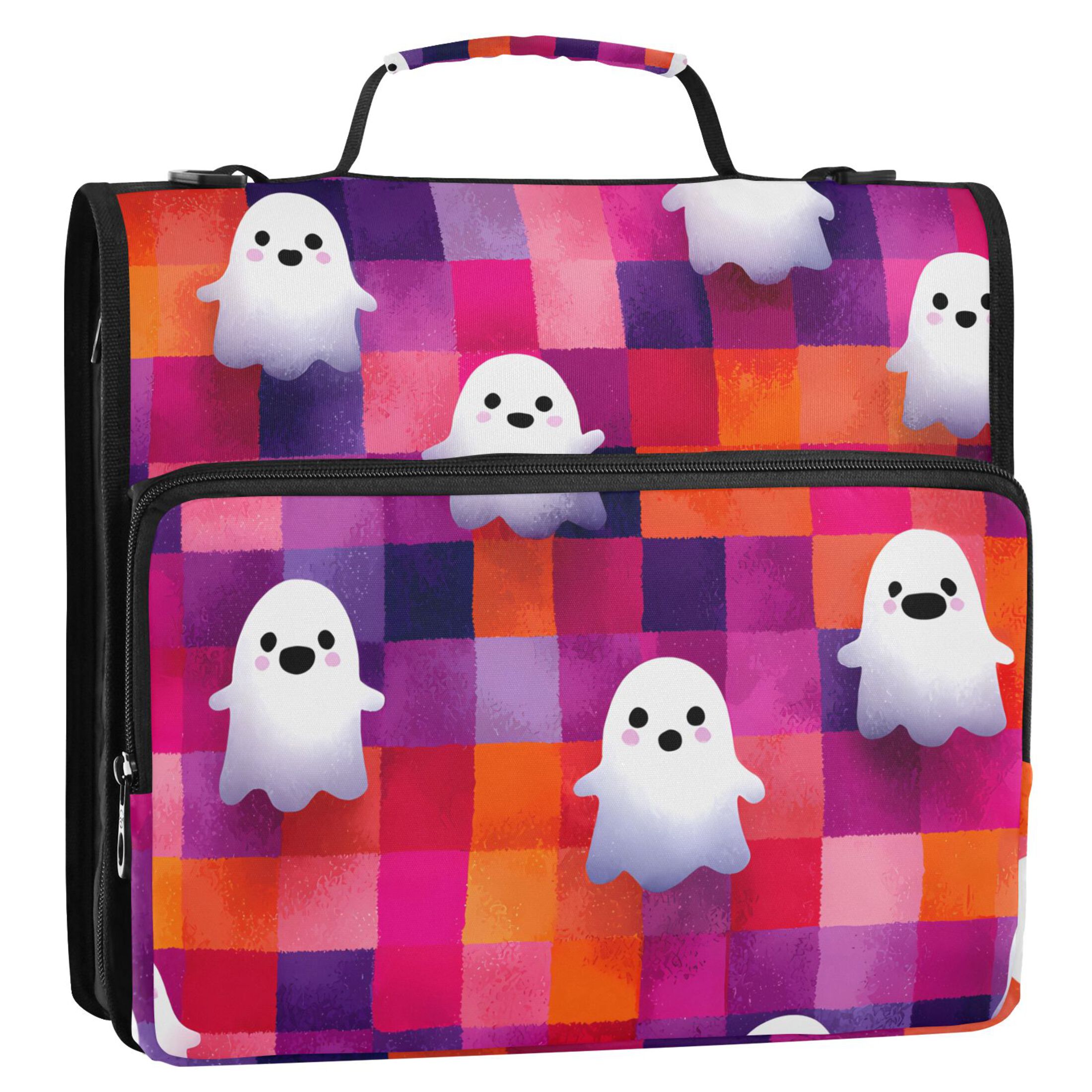 3 Ring Zipper Binder with Shoulder Strap Waterproof Trapper Keeper 2 Inch D-Ring 500 Sheets Capacity Cute Ghost on Checkered