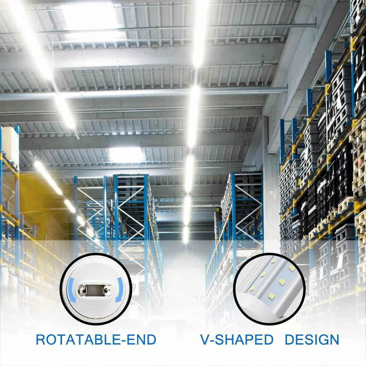 T8 8FT R17D Rotatable HO Base LED Tube Light 72W,270 Degree V Shaped LED Shop Light, 6000K Cool White,Clear Cover,85V-265V, 12 Pack