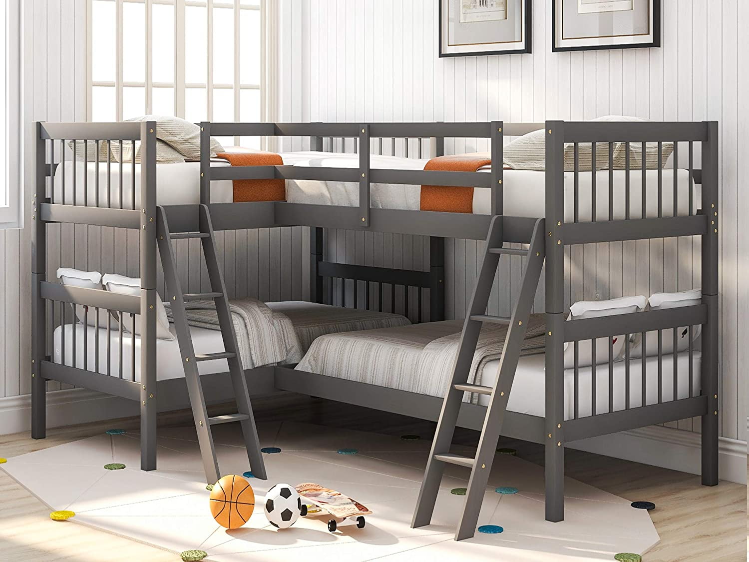 LShaped Twin Size Bunk Bed and Loft Bed, Solid Wood Twin Bunk Bed Loft