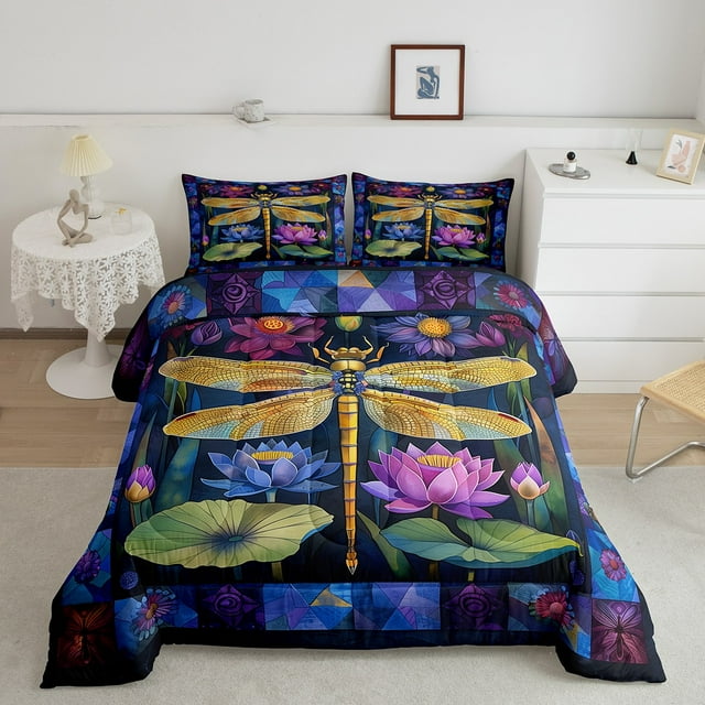 Erosebridal Gold Dragonfly Bedding Queen Comforter Set, Romantic Rose Down Comforter, Adult, Reversible 3 Pieces