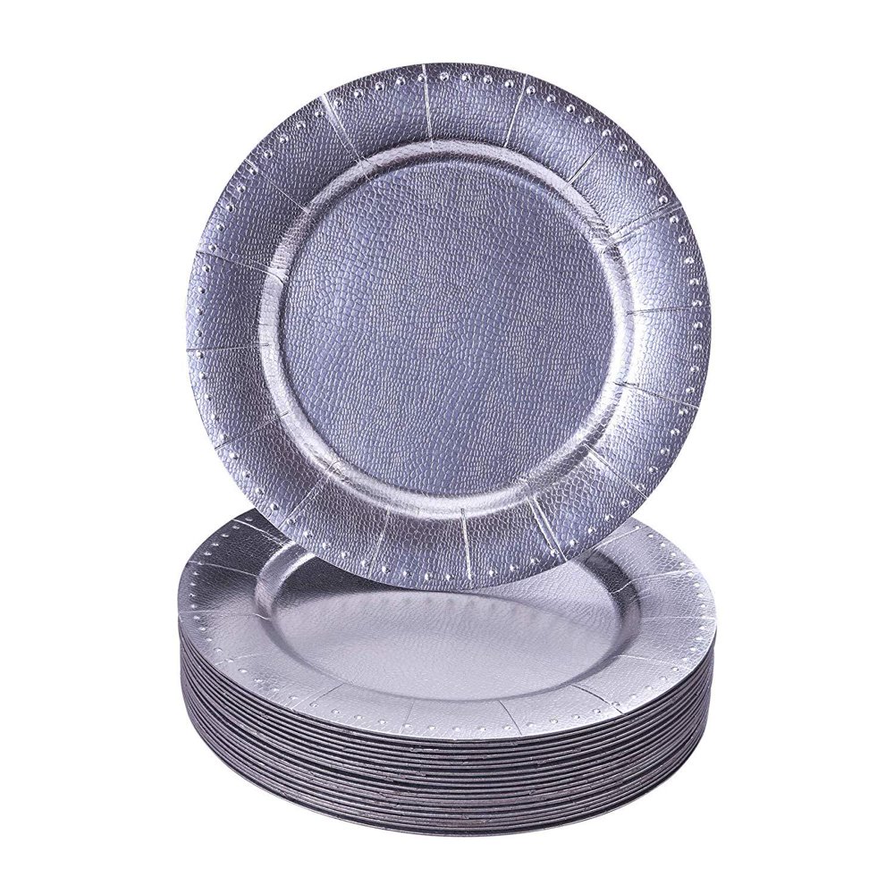 DISPOSABLE ROUND CHARGER PLATES 20pc (Silver/Beaded)