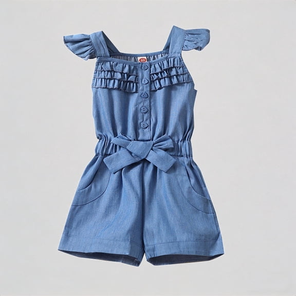 REDARER Toddler Girls' Chambray Flutter Sleeve Romper, Ruffled Button-Front Tie-Waist Shortalls, Casual Summer Denim Outfit for Kids,12-18 Months