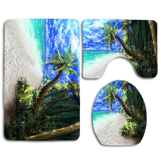 ABPHQTO Pintura de playa Juego de alfombras de baño de 3 piezas Alfombra de baño Alfombra de contorno y tapa de inodoro