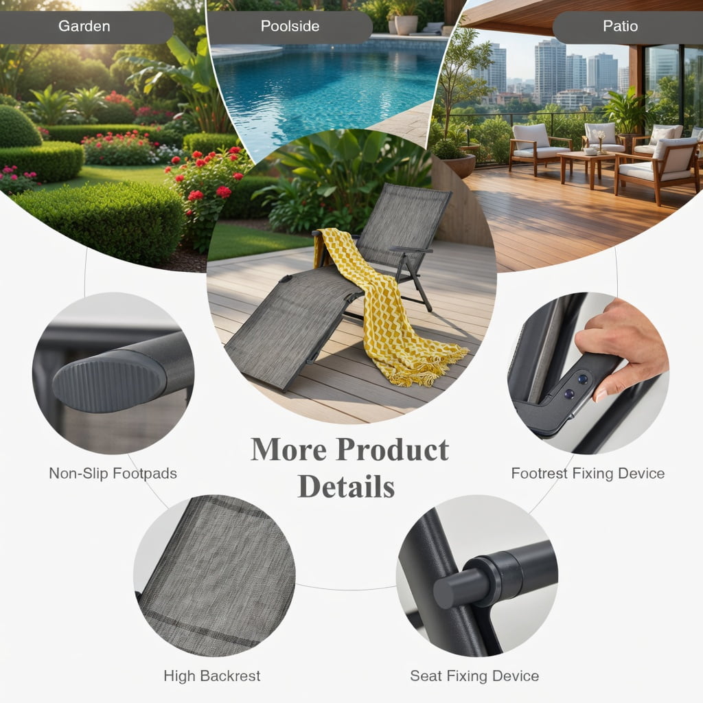 Hommoo 2-Pack Foldable Chaise Lounge Chair with 5-Position Reclining Backrest & 2-Position Adjustable Footrest, Outdoor Patio, Poolside & Garden Use, Gray
