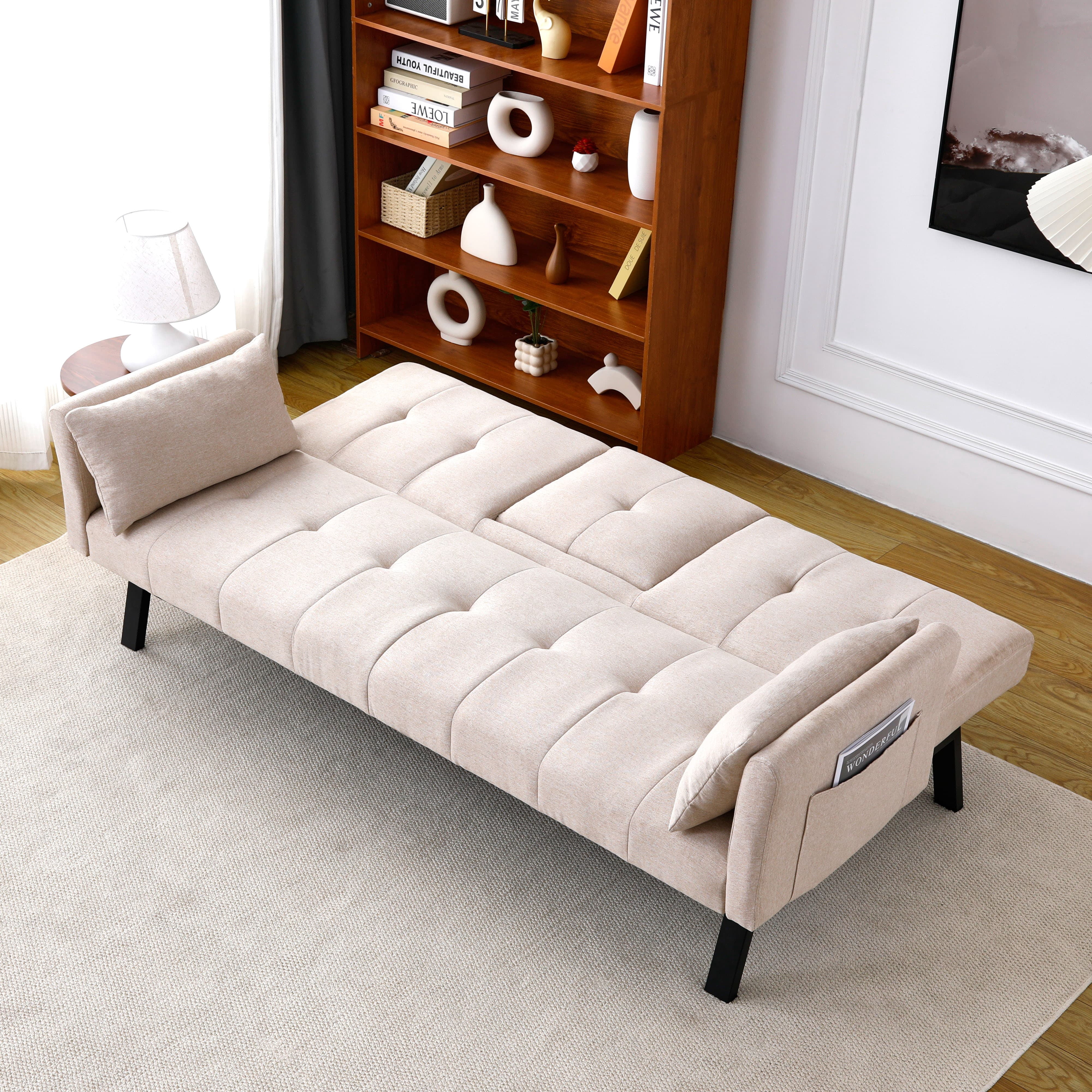 MAYEERTY 70" Linen Sofa Bed Foldable Sofa Couch with Cup Holder and Side Storage for Living Room, Bedroom and Apartment, Beige