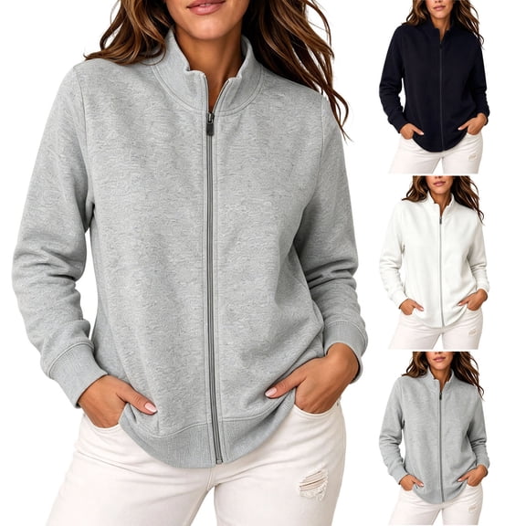 FchengtaiS Womens Zip Up Stand Collar Jackets Long Sleeve Lightweight Coat Fall Casual Loose Outerwear with Pockets