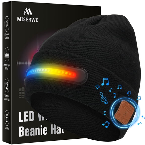 Bluetooth Beanie Hat with LED Light, 3-in-1 Wireless Music Cap with Built-in Speakers & Mic, USB Rechargeable Winter Warm Knit Hat, Hands-Free Headlamp for Running Camping Hiking - Unisex Gift