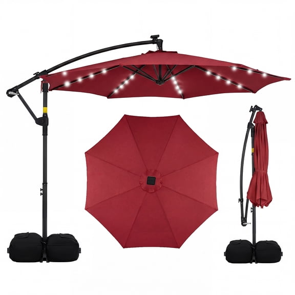 Costway 10 FT Solar Offset Hanging Umbrella Patio Cantilever Umbrella with 32 LED Lights Red