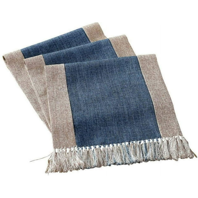 Camino de mesa rústico pesado con flecos, camino de mesa azul para comedor, camino de mesa de lino para sala de estar, camino de mesa bohemio, estilo rústico, lavable, ancho de 15 x 71 pulgadas, azul