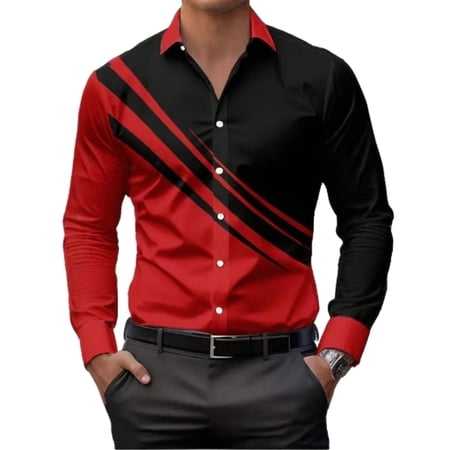 OIOLOYJM Mens Button Up Shirts Long Sleeve Color Block Collared Lightweight Golf Shirt Spring Summer Casual Dressy Business Work Clothes Red 3XL