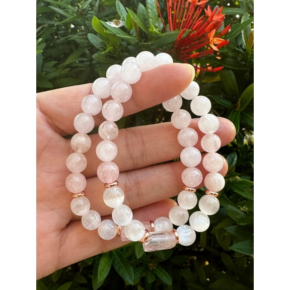 Rose Quartz and Selenite Crystal Bead Bracelet 8mm, Wholesale Genuine Rose Quartz Cylinder with Copper Discs Stretch Gemstone Bracelet, Gift for Men & Women (1)