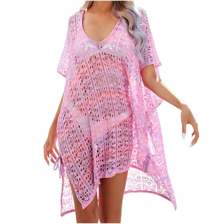 Plus Size Beach Coverups for Women  Womens Crochet Trim Kaftan Chiffon Tassels Swimwear Crewneck Casual Beach Hollow Out Bathing Suit Bikini Cover Up Tops Dresses Summer Saving Clearance