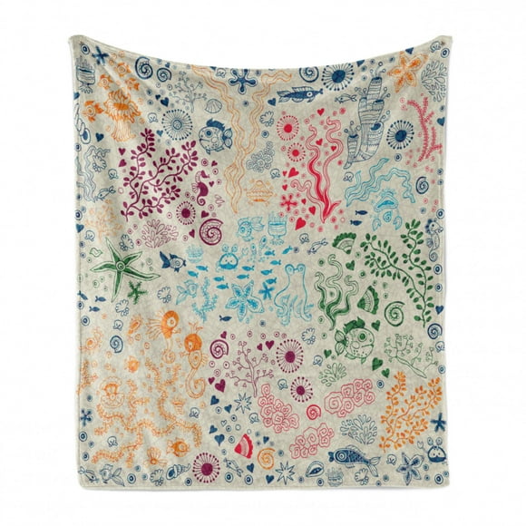 Nautical Soft Flannel Fleece Throw Blanket, Nursery Theme Colorful Outline of Underwater Life Cartoonish Pattern Aquarium, Cozy Plush for Indoor and Outdoor Use, 60" x 80", Multicolor, by Ambesonne