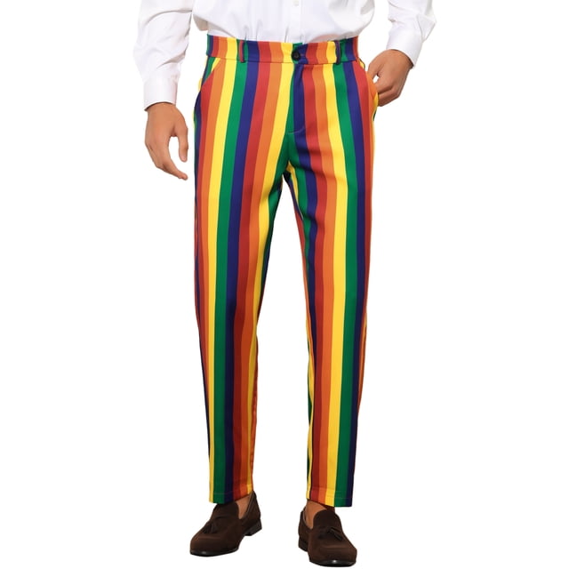 INSPIRE CHIC Men's Pants Bold Colorful Stripe Regular Fit Flat Front Dress Pants 28 Blue Red