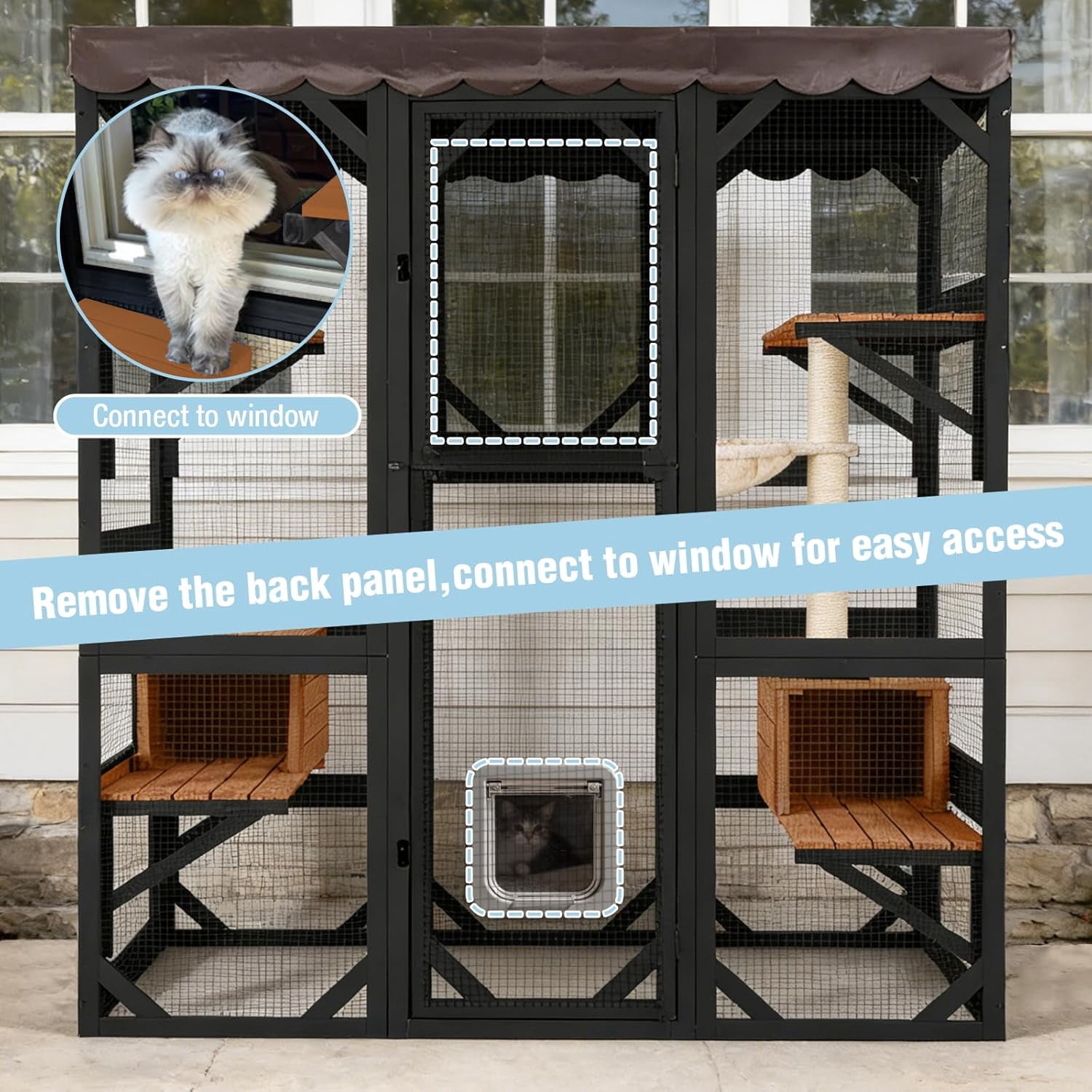 Aivituvin Catio Outdoor Cat Enclosure 70" Large Window Catio Wooden Cat House Walk-in Cat Cage with 7 Platforms Waterproof Cover for 2-6 Cats (Black)