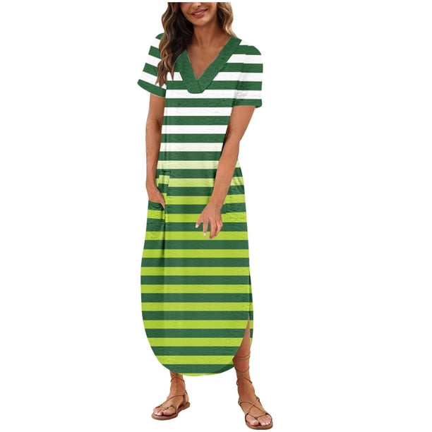 Vestido de Manga Corta para las Mujeres, Vestido Casual de Cuello en V de Bolsillo de Impresión de Moda Sexy Hecho de Poliéster Ligero para el Verano, Vestido de Verano para las Mujeres